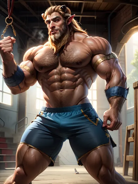 a close-up of a man with horned head and blue shorts, muscular, muscular and scary lion, brown blue, muscular, elbow pads, arm bands, topless male, red and white tight pants, underground fight club, standing, smile, (insanely detailed, beautiful detailed f...