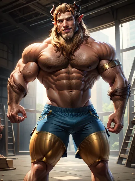 a close-up of a man with horned head and blue shorts, muscular, muscular and scary lion, brown blue, muscular, elbow pads, arm bands, topless male, red and white tight pants, underground fight club, standing, smile, (insanely detailed, beautiful detailed f...