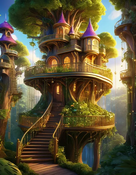 (whimsical treehouse,multiple floors,balconies,large tree,vibrant greenery,magical effect,fantasy,detailed environment,intricate architecture,lush foliage,warm lighting,enchanting atmosphere,highly detailed,cinematic,photorealistic,masterpiece:1.2,ultra-de...