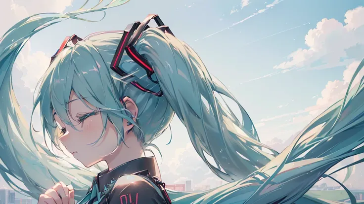 ((Asahi), ((Eyes closed)), (((Hatsune Miku))), (((Highest quality、masterpiece、Ultra-fine、Ultra-fine、Exquisite、16K、Full HD,))) 、(((profile、Looking up))),Long eyelashes、White skin、(thin and long)、 ((cute)) ((One person),Wide Shot、