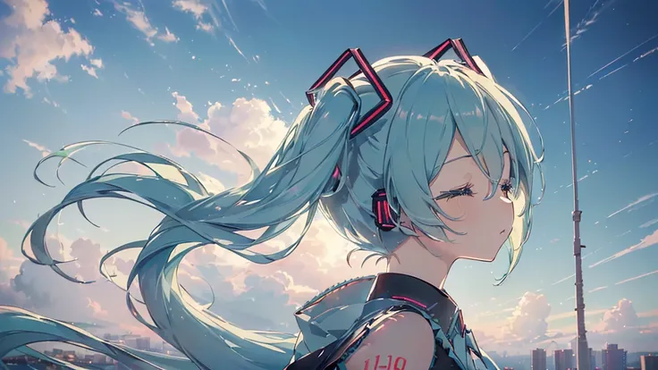 ((Asahi), ((Eyes closed)), (((Hatsune Miku))), (((Highest quality、masterpiece、Ultra-fine、Ultra-fine、Exquisite、16K、Full HD,))) 、(((profile、Looking up))),Long eyelashes、White skin、(thin and long)、 ((cute)) ((One person),Wide Shot、