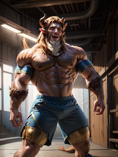 a close-up of a man with horned head and blue shorts, muscular, muscular and scary lion, brown blue, muscular, elbow pads, arm bands, topless male, red and white tight pants, underground fight club, standing, smile, (insanely detailed, beautiful detailed f...