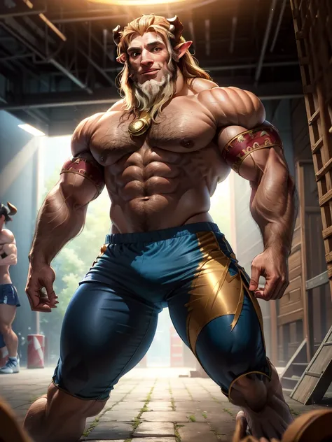 a close-up of a man with horned head and blue shorts, muscular, muscular and scary lion, brown blue, muscular, elbow pads, arm bands, topless male, red and white tight pants, underground fight club, standing, smile, (insanely detailed, beautiful detailed f...