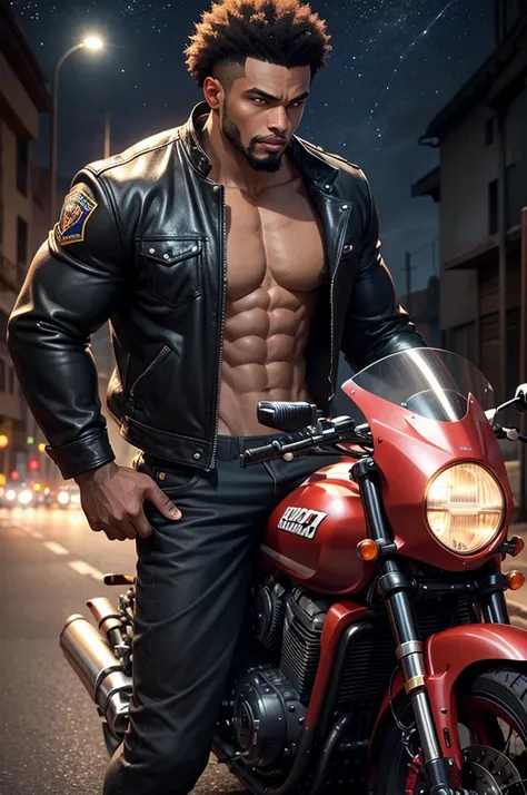 A muscular and sensual young wild afro black werewolf, red-eyed, all bald and goatee wearing leather jacket and driving a big old giant classic super motorbike down a deserted road at night with an evil entity watching among the stars and tearing the cloth...