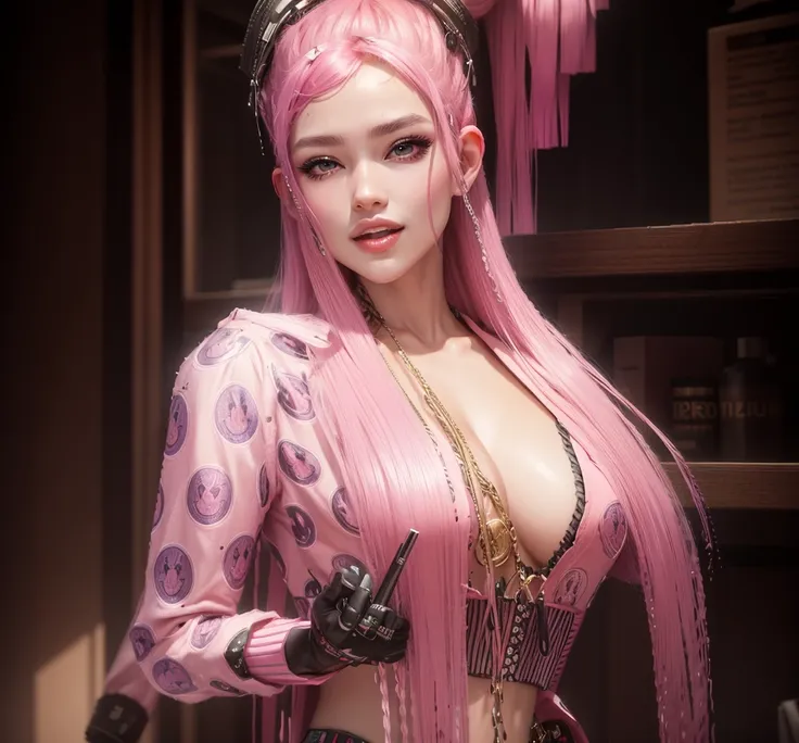 AVATAR SECOND LIFE Korean girl pink blouse smile, asiática pink  hair, pink  hair, pink  hair, Perfect and detailed face, imvu, maximalist details, AVATAR SECOND LIFE Korean blouse and pants , neon, pink  hair