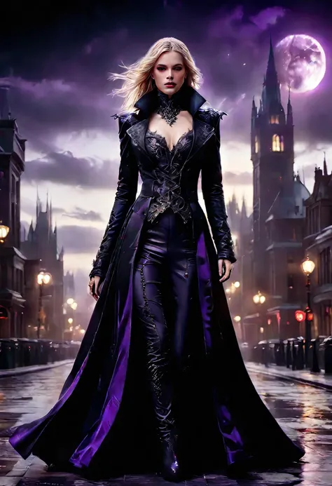 fantasy art, modern and gothic art, (masterpiece:1.5), full body best details, highly detailed, best quality, highres, full body portrait of a female vampire (Masterpiece, best quality: 1.6), ultra feminine, with a long curvy hair, blond hair, (red:1.3) ey...