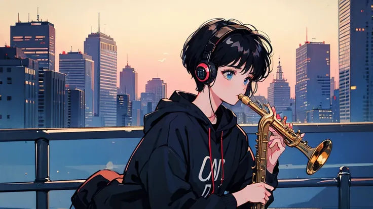 Black short Hair, Black Clothing, One Adult Woman  ,Blue headphones、 City、Delicate background、Masterpiece、night、dark、Nostalgic、roadside, playing saxophone, shadow,シルエット