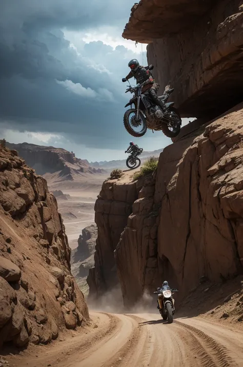 MadMax style offroad bikers climbing mountain in storm