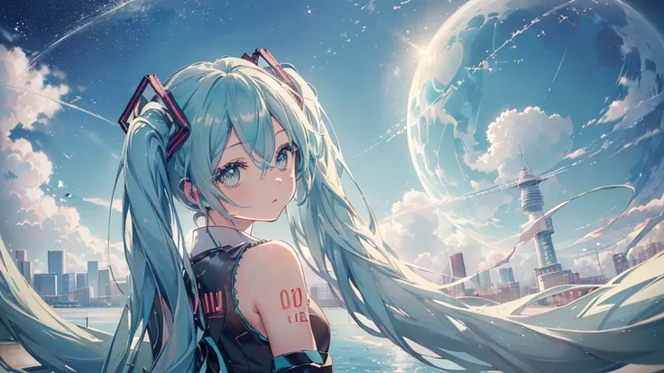 ((Asahi), ((Beautiful eyes)), (((Hatsune Miku))), (((Highest quality、masterpiece、Ultra-fine、Ultra-fine、Exquisite、16K、Full HD,))) 、(((look back))),Long eyelashes、White skin、(thin and long)、 ((cute)) ((One person)) 、