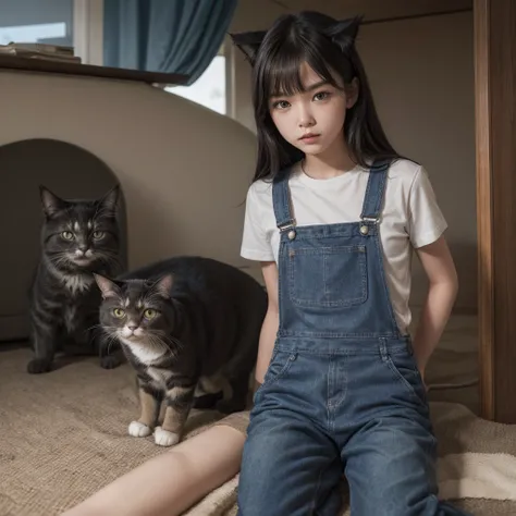 A cat wearing dark blue overalls was called Cat Blue 