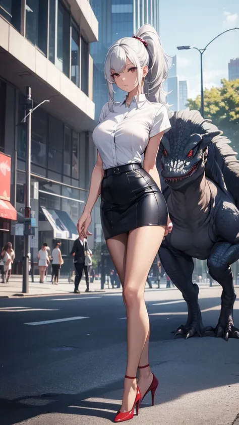 Beautiful woman, full body, perfect body, double hair ponytail, silver hair, split pompadour shirt, shirt, dark blue, blamca miniskirt, two bare arms, two bare arms, blamka pantyhose, red sole white heels, dinosaur park background