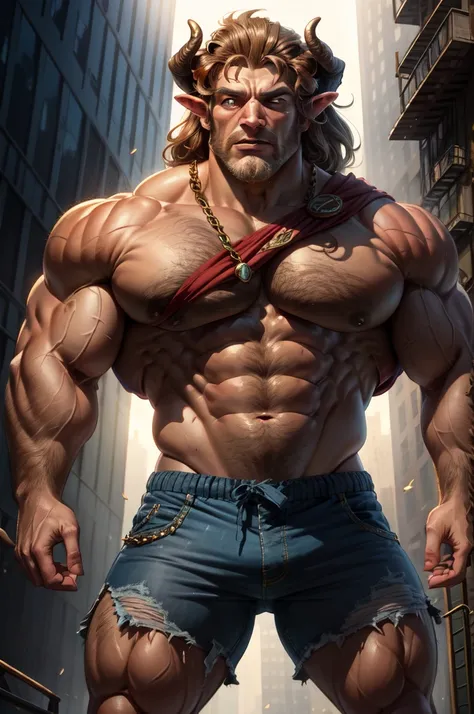 a close up of a man with horned head and blue shorts, muscular, scary muscular lion, super giant muscle, with muscular arms, wide shoulders, giant toned physique, big muscle veins bursting, (incredibly detailed, beautiful detailed face, Work of art, better...