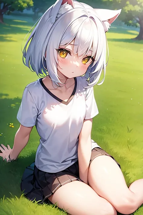 a beautiful small girl with white hair, yellow eyes, tiny bust, small ribs, white cat ears, sitting on grass, wearing a t-shirt, (masterpiece)