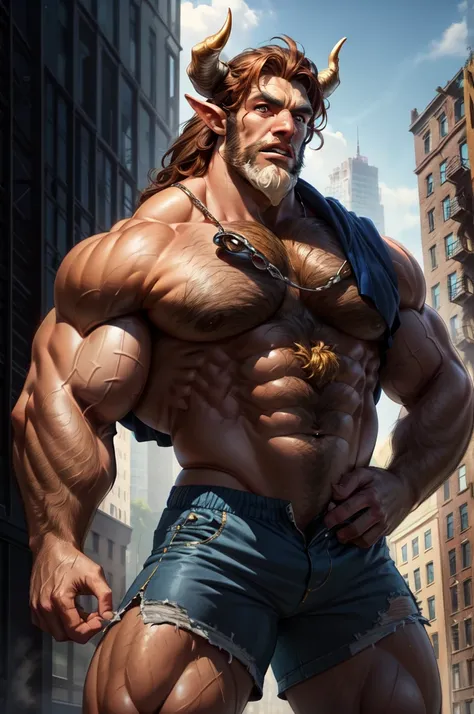 a close up of a man with horned head and blue shorts, muscular, scary muscular lion, super giant muscle, with muscular arms, wide shoulders, giant toned physique, big muscle veins bursting, (incredibly detailed, beautiful detailed face, Work of art, best q...