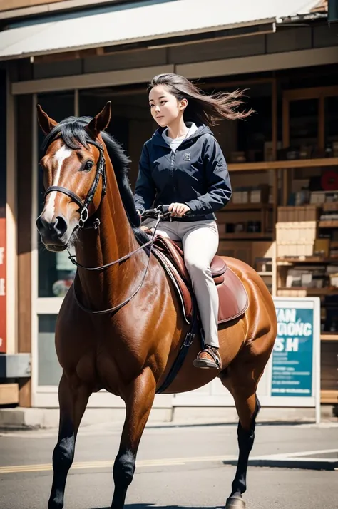 A faceless girl riding a horse floating in front of a store 