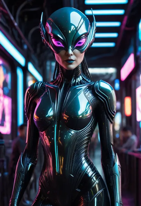 Science fiction, fully body, intelligent and charismatic, Respect, Stately, fragile, Fine body, fully body, neon, alien, futurist, cyberpunk, tenebrosa