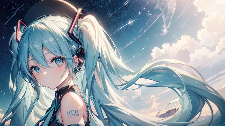 (Starry Sky), ((Beautiful eyes)), (((Hatsune Miku))), (((Highest quality、masterpiece、Ultra-fine、Ultra-fine、Exquisite、16K、Full HD,))) 、Long eyelashes、White skin、(thin and long)、 ((cute)) ((One person))