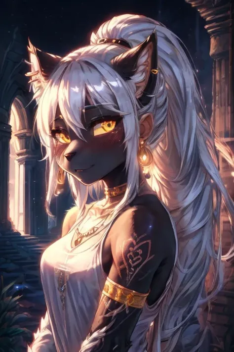 ((best quality, masterpiece, perfect anatomy, detailed picture)), furry, 1female, , two tone fur, black body, grey fur, sexy, long white hair, ponytail hair, fluffy feline tail, yellow sclera, tribal tattoo, ear rings, red blushing, shy, in the ruins, port...