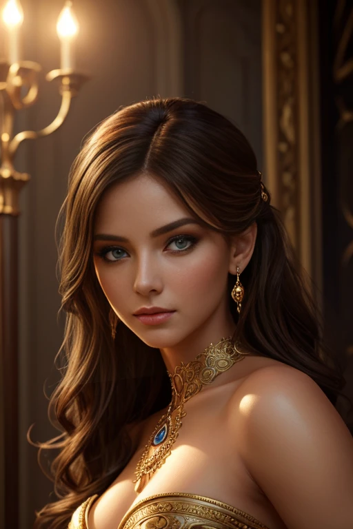 a beautiful woman, perfect face, detailed eyes, seductive expression, luxurious hair, natural beauty,3rd century elegant attire, alluring pose, dramatic lighting, cinematic composition, vibrant colors, fantasy art style, photorealistic, 8k, best quality, m...