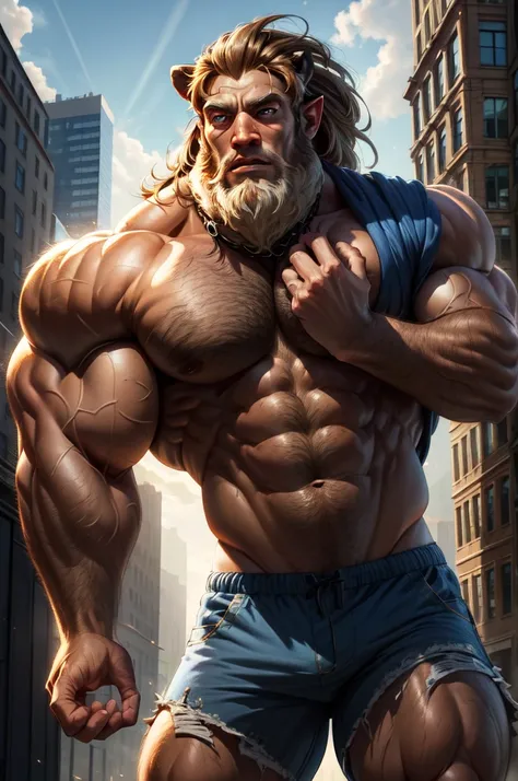 a close up of a man with big horned head and blue shorts, muscular, scary muscular lion, super giant muscular, with muscular arms, wide shoulders, giant toned physique, big muscular veins bursting, (incredibly detailed, beautiful detailed face, Artwork art...