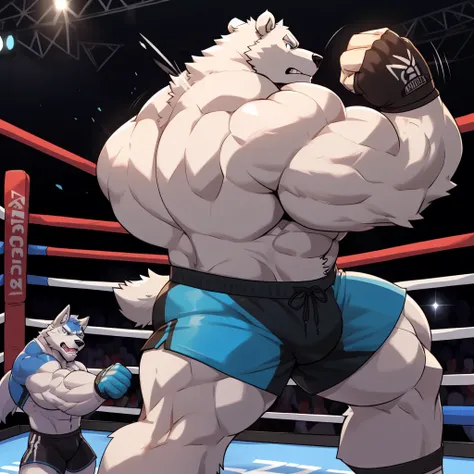 Huge muscular thick white fur Polar Bear bodybuilder shirtless in blue MMA shorts, blue MMA gloves and blue foot wear, at the MMA tournament. Punching and kicking at the MMA Wolf challenger. Fighting match
