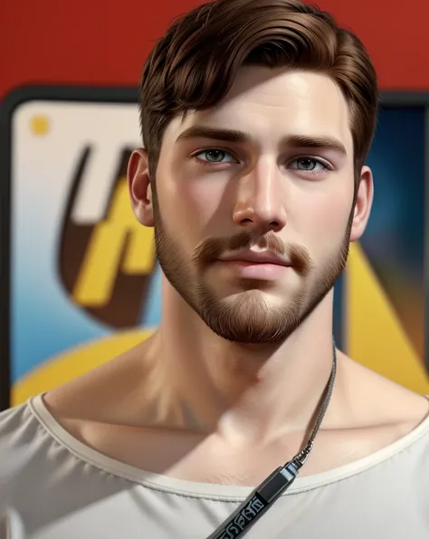 a Disney Pixar movie poster showing a white-skinned man, Has a short-shaven beard, Short brown hair. 3D rendering