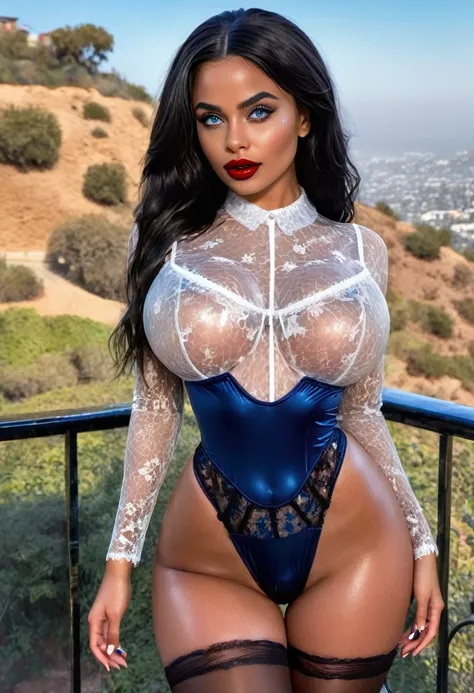 (muste piece, highest quality)((8k)),full body,super detailed,arab girl,brown skin,black hair,very wide eyebrow ,blue eyes,red lips ,photorealistic,dark bronze shiny skin,beautiful female mode,dark skin, Black woman,sheer white  lace bodysuit,white Garter ...