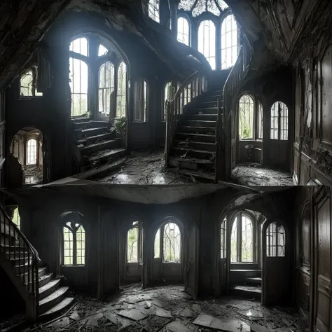 A haunted house abandoned inside, in the windows you can see strange shadows, the stairs are spiral, dark fairies peek out of the closets and in the rooms hide hairy and cuckold trolls. The house and its interior exude melancholy and sadness, abandonment a...