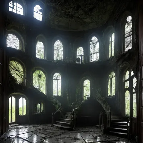 A haunted house abandoned inside, in the windows you can see strange shadows, the stairs are spiral, dark fairies peek out of the closets and in the rooms hide hairy and cuckold trolls. The house and its interior exude melancholy and sadness, abandonment a...