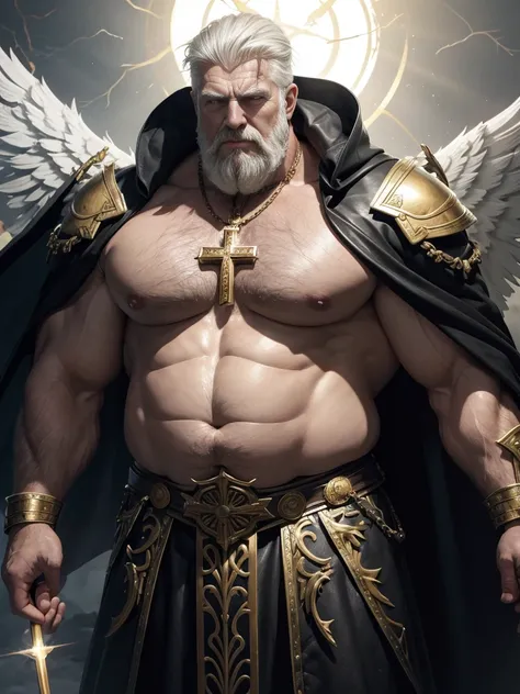 Hyperrealistic image of an old man with branches of thorns stuck in his body and bleeding over 80 years old blonde Nordic warrior holy martyr archangel superhero with rays of light coming out of his body and with two huge black wings spread with gray hair ...