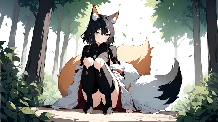 (1girl, Masterpiece, best quality) (detailed and beautiful eyes:1.6) (perfect hands, perfect anatomy) ((full body)) ((more Adult body)) fox-girl Misaki has (short black hair styled in a slightly tousled manner) and (her fox ears are perked up attentively.)...