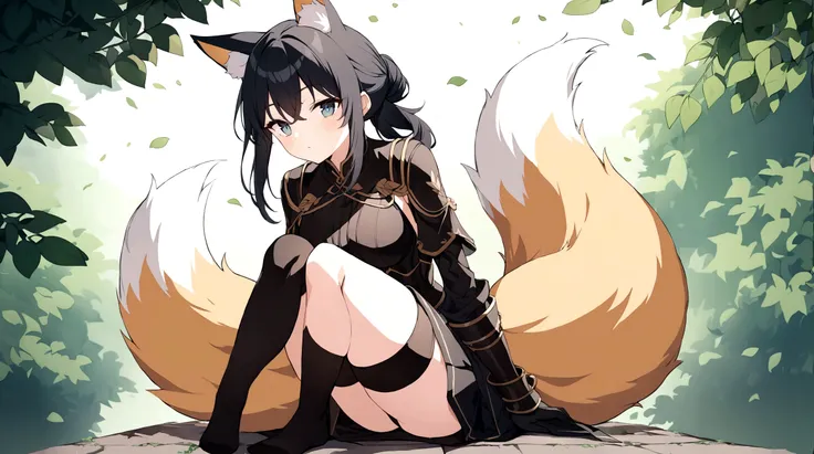 (1girl, Masterpiece, best quality) (detailed and beautiful eyes:1.6) (perfect hands, perfect anatomy) ((full body)) ((more Adult body)) fox-girl Misaki has (short black hair styled in a slightly tousled manner) and (her fox ears are perked up attentively.)...