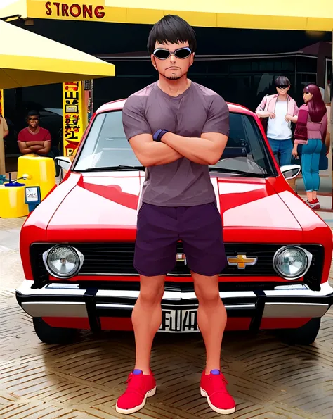 Of a 3D style character strong black hair man standing in front of the car with his arms crossed shorts shirt shoes red car behind Chevrolet Opala with an evil face