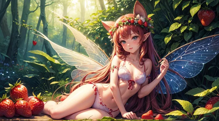 ( Absurd, High quality, ultra-detailed, masterpiece, concept art, smooth, highly detailed artwork, hyper-realistic painting ) , tiny , strawberry girl, Strawberries, cute, whole body, Romantic, Vivid, dreamy, fantasy, fairy wings, in the forest, enchanting...