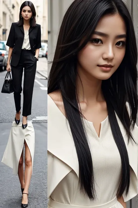 Black eyes shoulder length hair and elegant decent clothes