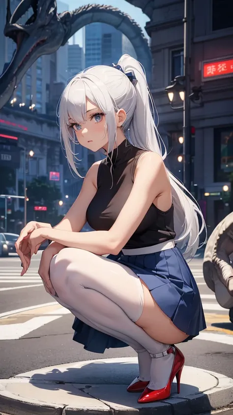 Beautiful Woman, Full Body, Perfect Body, Double Hair Ponytail, Silver Hair, Split Pompad, Shirt, Dark Blue, White Mini Skirt, Two Bare Arms, Two Bare Arms, White Pantyhose, Red Sole White Heels, Crouching Back, Touching Her Feet With Her Hands, Dinosaur P...