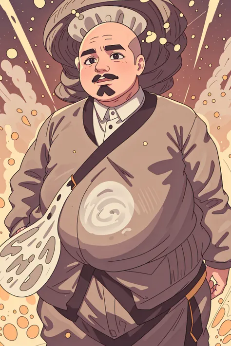 A very fat rotund man, shiny bald head, multiple chins, happy, a brown and gray goatee swirling on his chin, wearing a very taut three-piece-suit, very round body, older man, standing in front of a golden sky