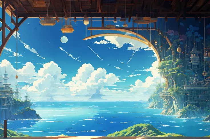 DVD screengrab from studio ghibli movie, beautiful seaside laboratory interior, clouds on blue sky, designed by Hayao Miyazaki, retro anime