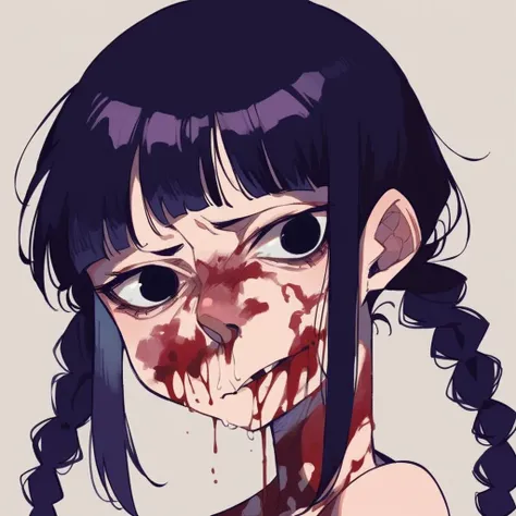 girl similar to gorillaz noodle, long black hair with braids ((drawing)), ((anime girl nose)) , Create an anime-style character with long, unkempt, dark purple hair that partially covers the face. The character should have large, dark eyes with a scary, li...