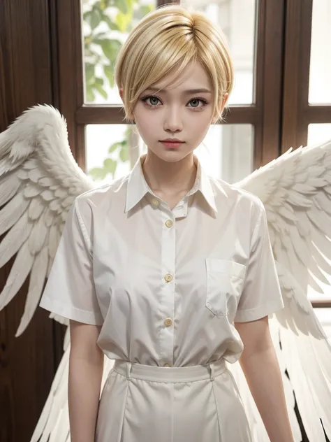 Angel with short yellow hair,  White wings, formal work clothes, BROWN SKIN, yellow eyes