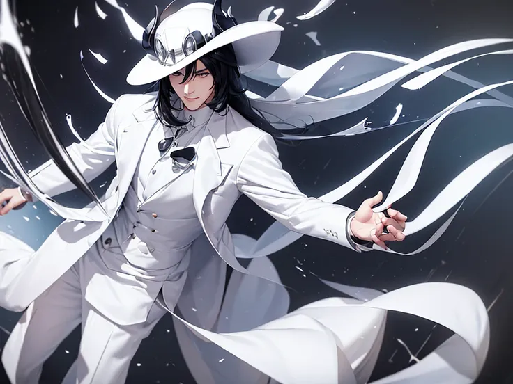 a man, with black hair, wearing a white hat, white suit and black shirt and white tie, a time lord, he is handsome, half body sm...