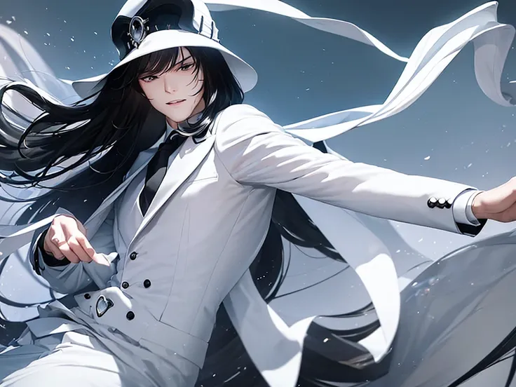 a man, with black hair, wearing a white hat, white suit and black shirt and white tie, a time lord, he is handsome, half body sm...