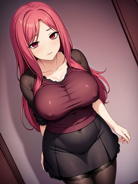 pink-hair red-hair,red-eyes,milf,Droopy eyes.chin mole、big-breast,35-year-old woman、milf、Red ruffled shirt、Black ruffled skirt、、long-hair,straight-hair,standing、red-lips-makeup,、whole body、Plump legs,独奏,Knitted clothing、lace-black-pantyhose,standing,from-b...