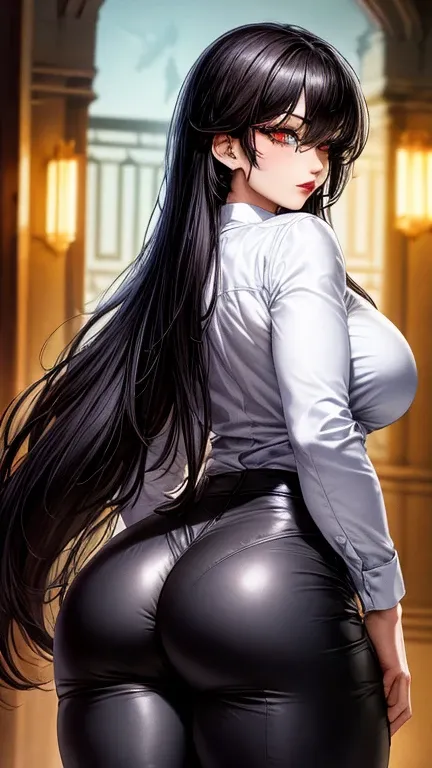 (Masterpiece, high quality), long black fur, with slightly messy bangs.  Dark,  Perfect eyes, detailed eyes with red pupils, perfect face, detailed face, detailed lips, red lips, Slim structure.  She wears shiny black leggings, long sleeve buttoned white s...