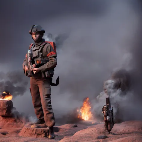 lone soldier in the midst of a war standing a top of battlefield with a rifle in hand surrounded by smoke and fire