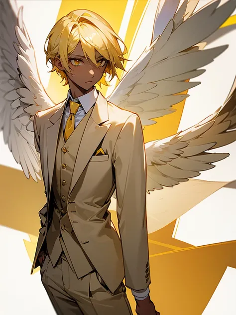 Angel with short yellow hair, white wings , formal work suit, BROWN SKIN, yellow eyes, 