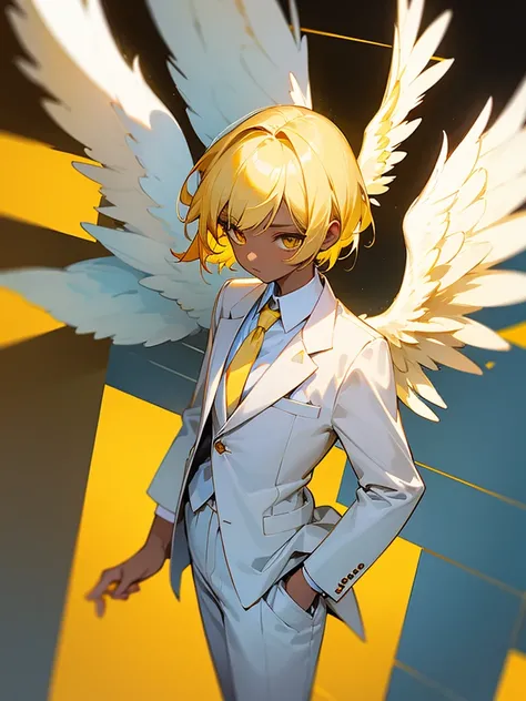 Angel with short yellow hair, white wings , formal work suit, BROWN SKIN, yellow eyes, 