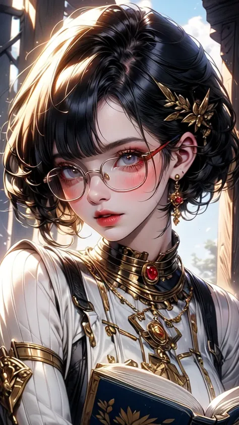 A girl with short brown bob haircut, wearing designer round glasses, reading a book, beautiful detailed eyes, beautiful detailed lips, extremely detailed eyes and face, long eyelashes, intricate book cover design, warm sunlight, photorealistic, masterpiece...