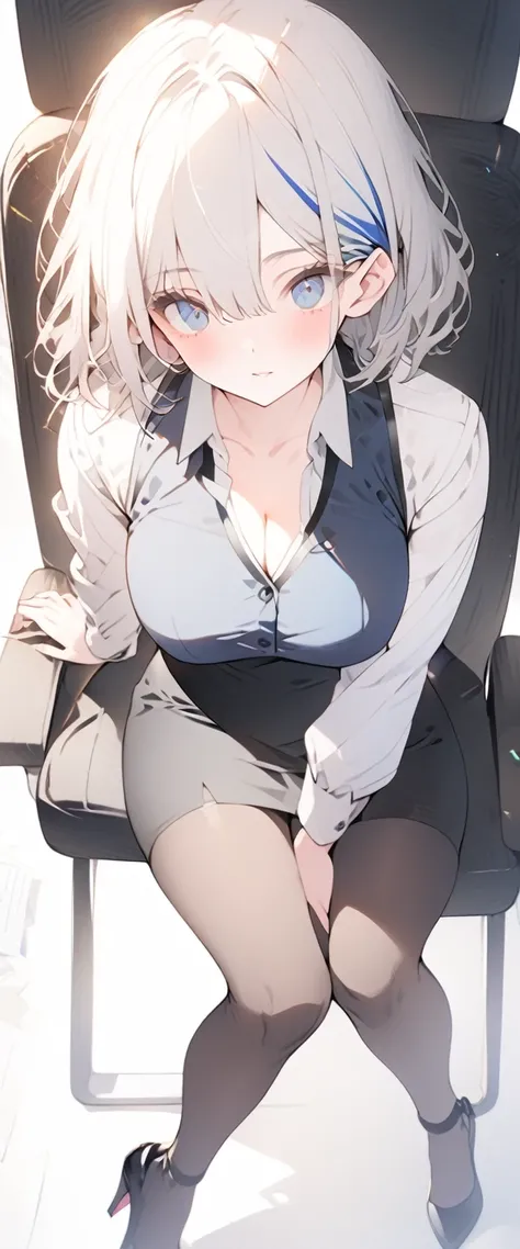 beautiful, masterpiece, Highest quality, anime, One girl, C Cup,Portrait Shot, View your viewers, Covered、Medium Hair、nearby、Blue Eyes、art、、White hair,Blue streaked hair、Beauty、officeレディ、short hair、black_officeスーツ)、new employee、Full Body Shot、Female office...