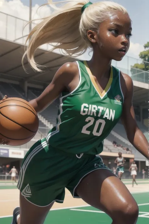 fantastic realism, bokeh,  ultra detailed, 1girl, blond with (dark skin), green eyes, running, playing basketball, sweat, shiny skin,